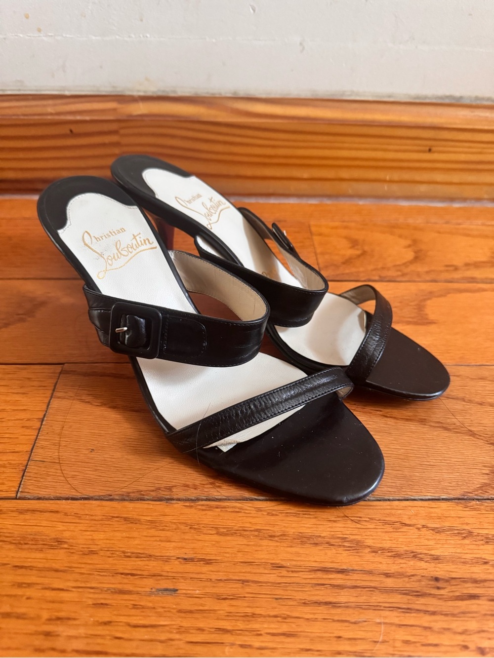 Christian Louboutin Black Leather Buckle Slide Heels EU 37.5